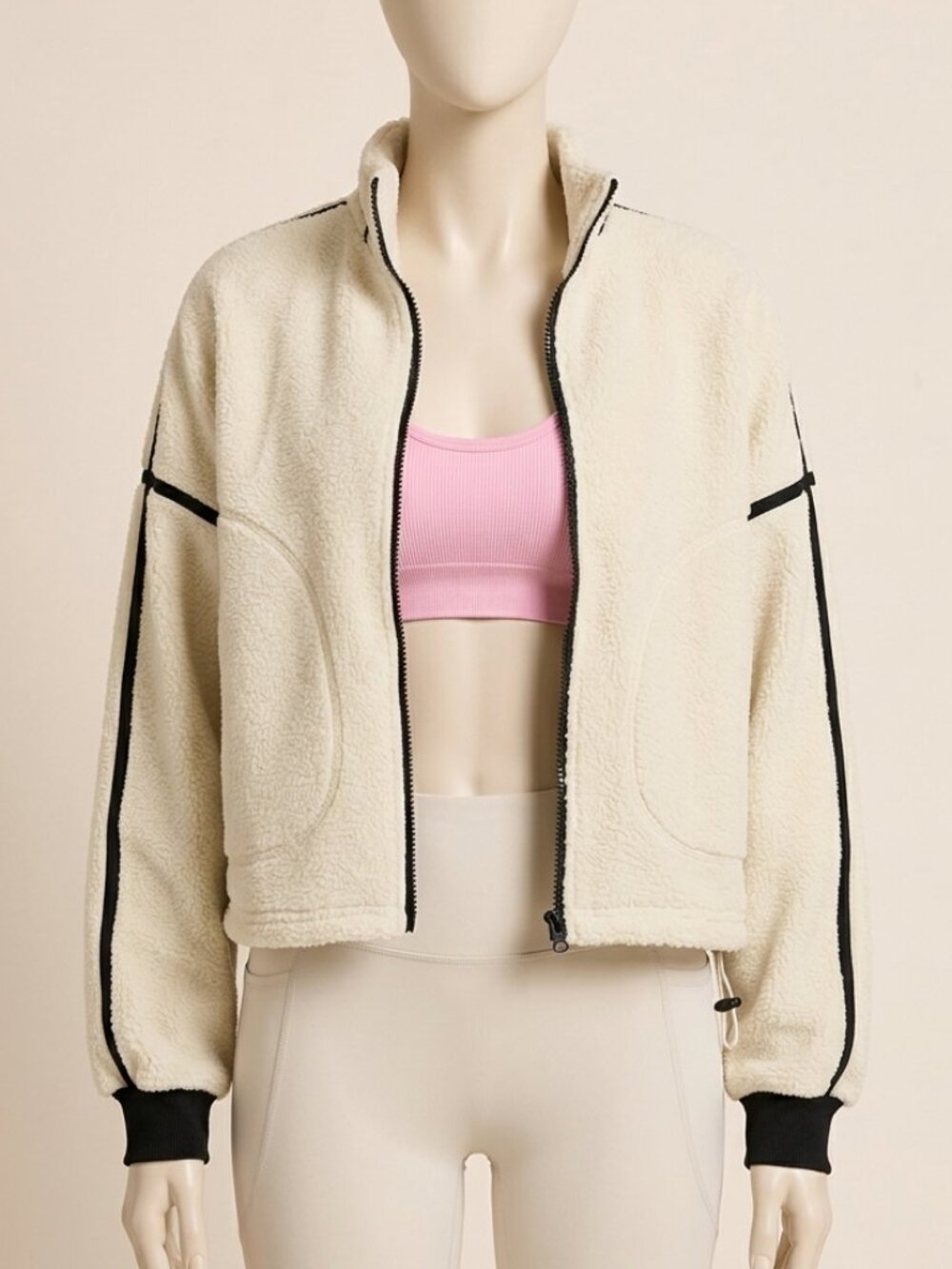 QINSEN Women's Sherpa Fleece Crop Jacket Creme Beige S Full Zip Oversized
